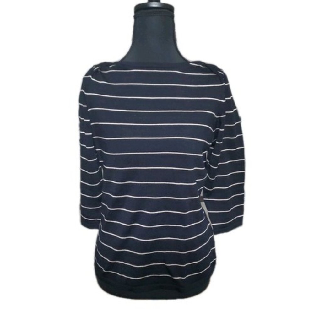Vintage Blouse Womens Small Black Top Striped 3/4 Sleeves Made In Italy Talora